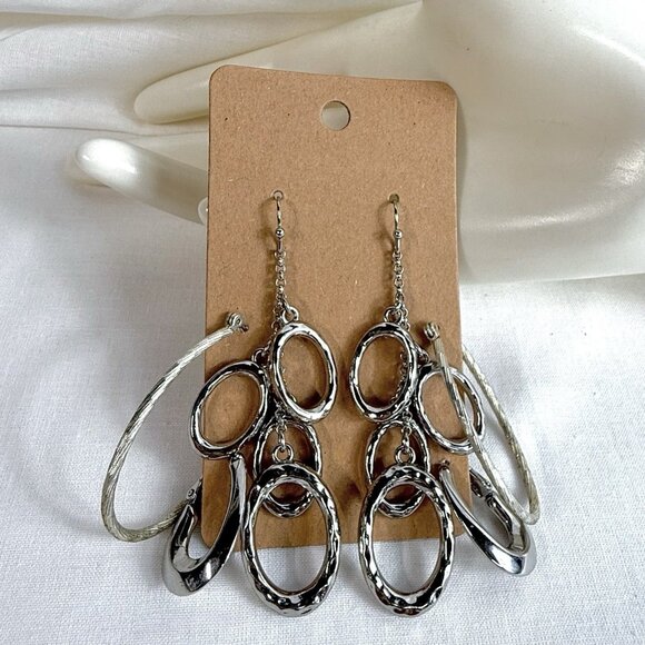 Silvertone Earrings Lot of 3: Hoop Dangle Drop Styles - Picture 5 of 5